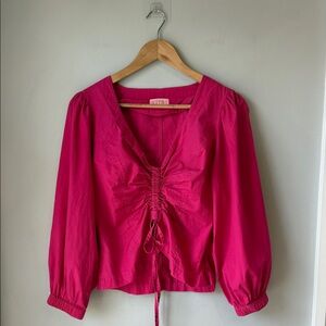 KITRI Ruched Cotton Blouse Top Fuchsia Pink